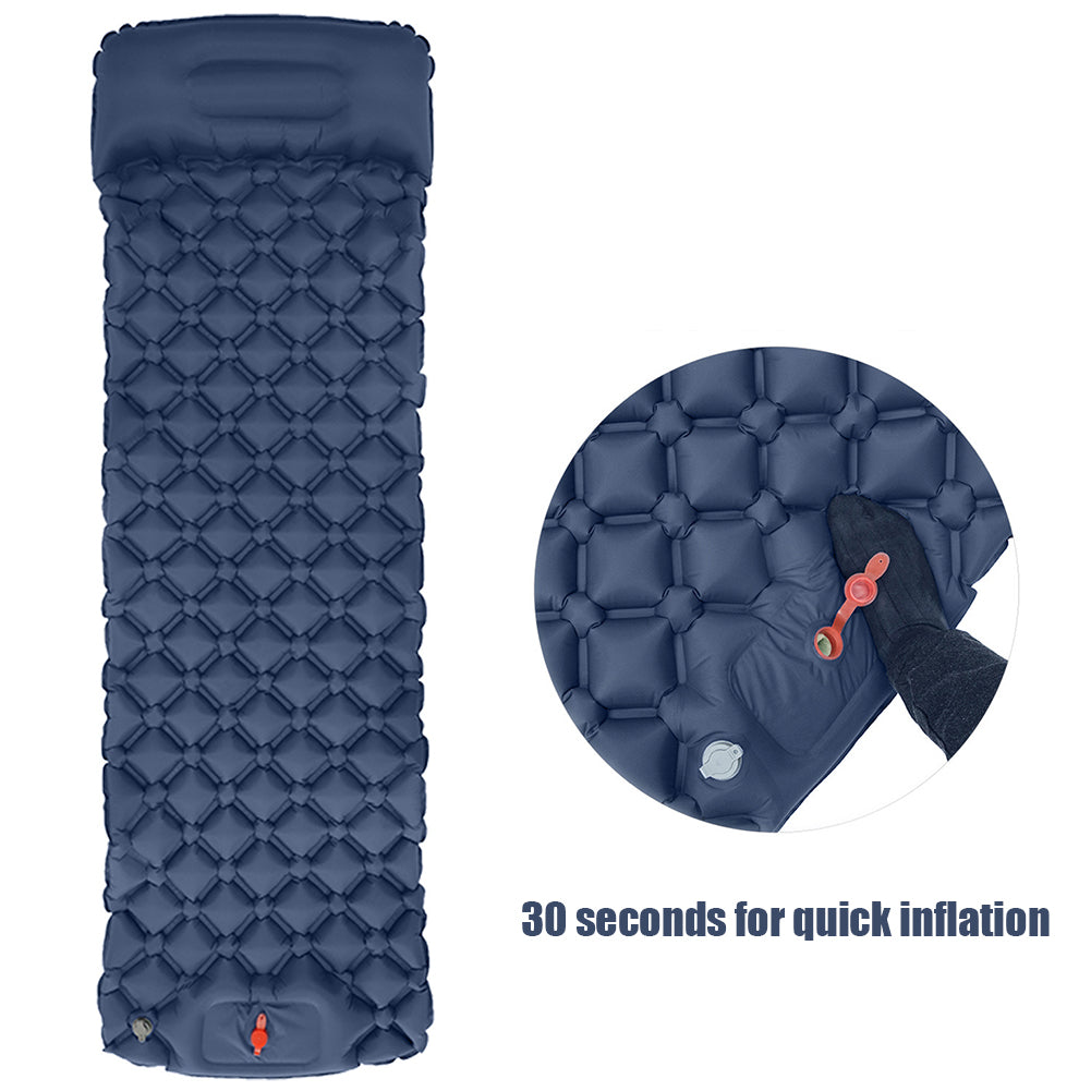 Close-up of the built-in foot pump being pressed to inflate the camping mat