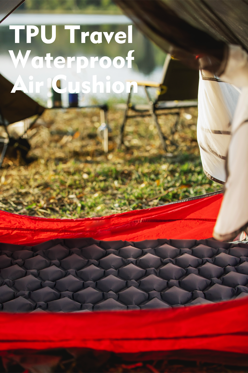 Inflatable camping mat inside a tent at a lakeside campsite