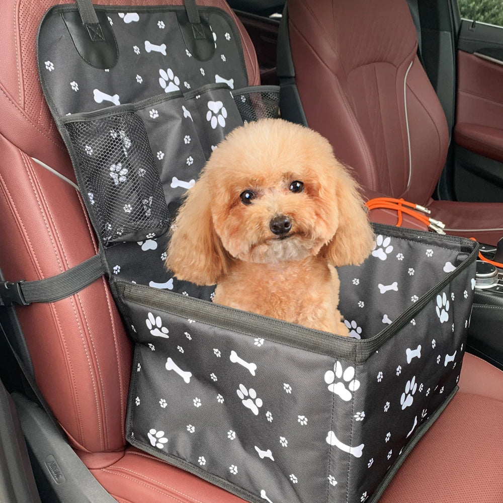 Hunde-Autositz in Schwarz mit Pfotenmuster auf dem Autositz, Hund sitzt darin