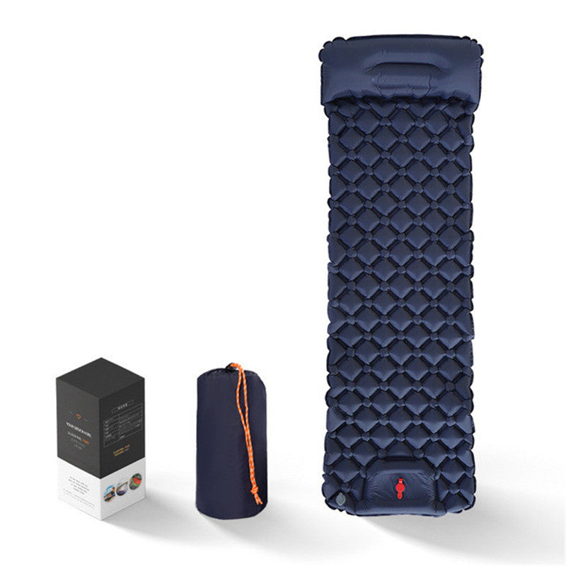 Inflatable camping mat in navy blue with built-in foot pump