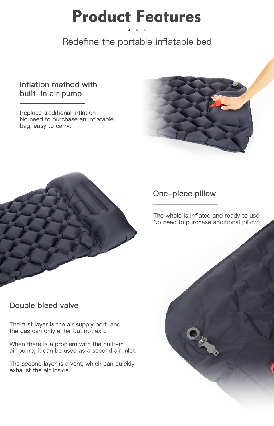 Product features: built-in air pump, one-piece pillow and double bleed valve