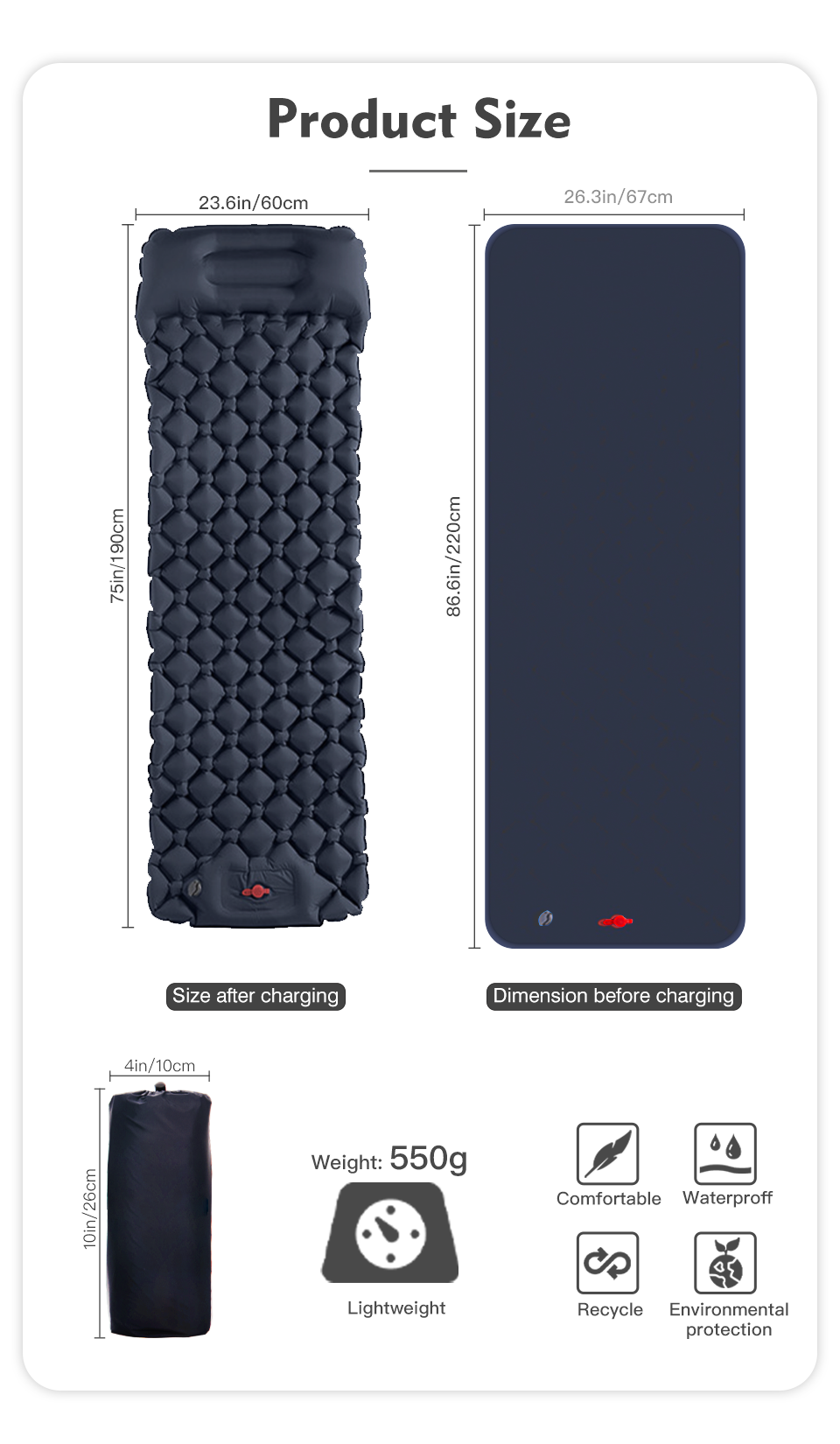 Mat size diagram: 190 x 60 cm inflated, packed size about 26 x 10 cm